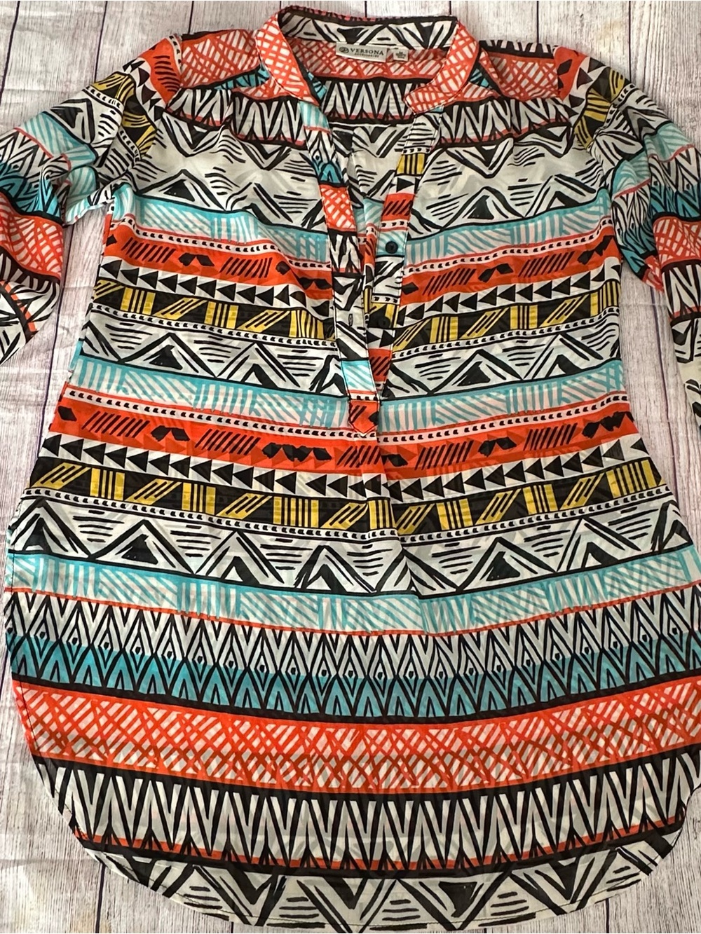 Versona Long Sleeve Aztec-Print Tunic Dress in Coral, Teal, Yellow & Black